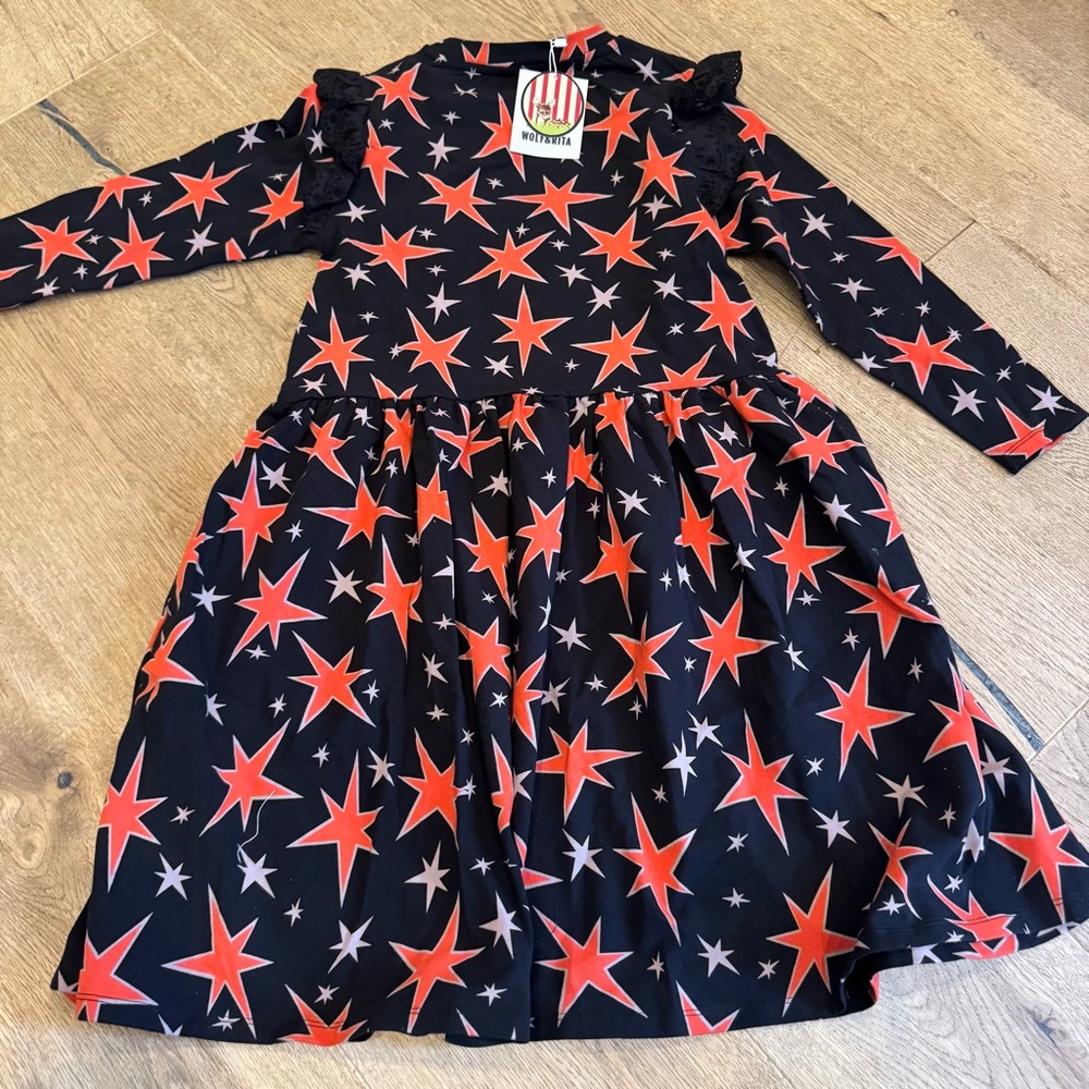 Wolf and Rita Black Dress with Red Star Pattern NWT